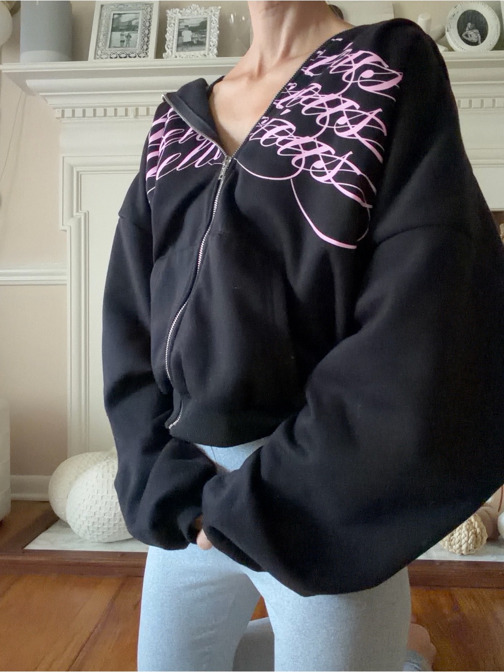 SHEIN Sumwon Black Zip-Up Oversized Hoodie